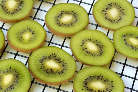 Kiwi slices laid out on a wire rack to dry, Actinidia deliciosa