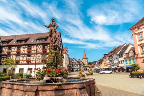 Landscape of the Obertorturm tower on Victor-Kretz-Straße in the old town of Gengenbach in the