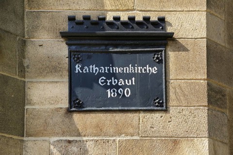 Cemetery Unter den Linden, neo-Gothic Katharinenkirche, sign Katharinenkirche built 1890, writing,