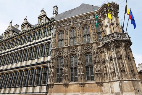 Historic town hall Stadhuis, right and centre Flamboyant Gothic wing, left Renaissance wing,