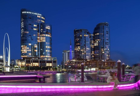 Skyline at Elisabeth Quay, blue hour, blue hour, harbour, Perth, State of Western Australia,