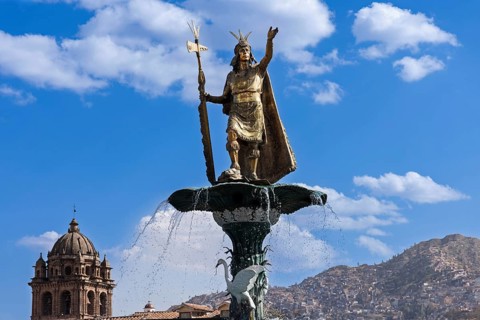 Peru, Cusco, The Statue of Pachacuti on Central Plaza de Armas square in historic city center .,
