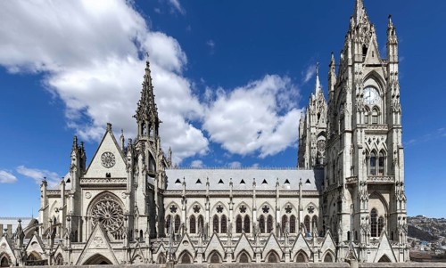 Cathedral Basilica of National Vow in historic center of Quito, Ecuador. Roman catholic church.