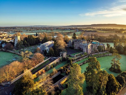 Berkeley Castle from a drone, Berkeley, Cotswolds, Gloucestershire, England, United Kingdom, Europe