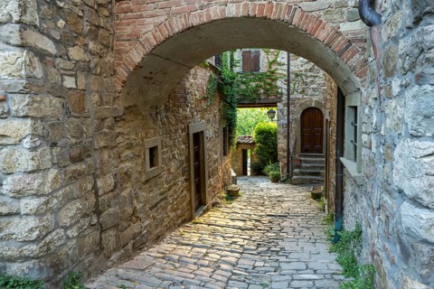 View of a little Street in the little wine town of Montefioralle, Chianti, Florence, Firenze,