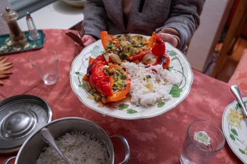 Stuffed peppers with vegetables and rice on a plate, Bavaria, Germany, Europe