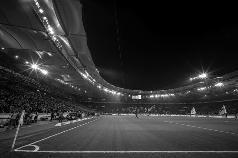 Interior, Bundesliga, floodlit match, night shot, black and white, long shot, MHPArena, MHP Arena