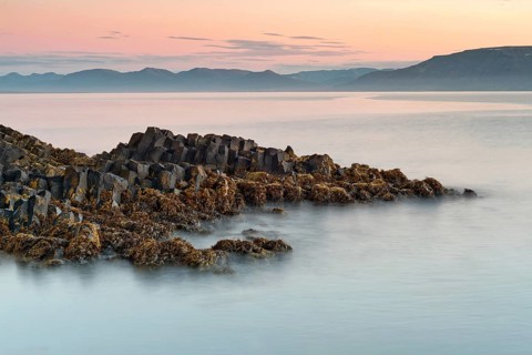 Basalt columns, columnar basalt, coast, long exposure, Hofsos or Hofsós, Skagafjörður, Norðurland,