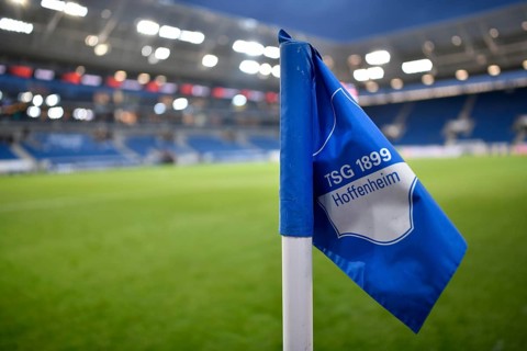 Interior, pitch, corner flag, TSG 1899 Hoffenheim logo, floodlight, blue hour, Europa League,