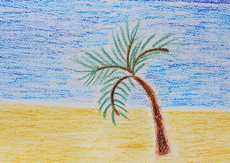 Palm tree on the beach painted with wax crayons, North Rhine-Westphalia, Germany, Europe
