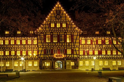 The festively decorated town hall of Münsingen at Christmas time, Swabian Alb, Reutlingen district,
