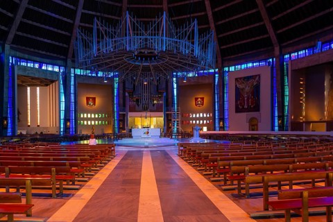 Modern interior of Roman Catholic cathedral church, Metropolitan Cathedral of Christ the King, city