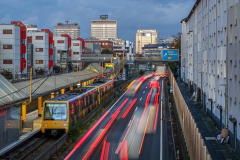 Essen, North Rhine-Westphalia, Germany, motorway A40 in the city centre, exit Essen Zentrum, during