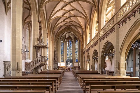 Interior of the Catholic parish church of St John the Baptist in Kitzingen, Lower Franconia,