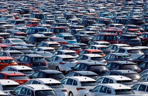 Duisburg, North Rhine-Westphalia, Germany - New cars, transhipment centre, car terminal in Duisburg