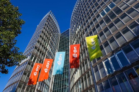 Essen, North Rhine-Westphalia, Germany, E.ON headquarters. e.on company logos on flags in front of