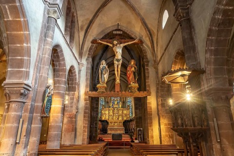 Interior of the Church of the Holy Cross Invention-de-la-Sainte-Croix in Kaysersberg, Alsace,