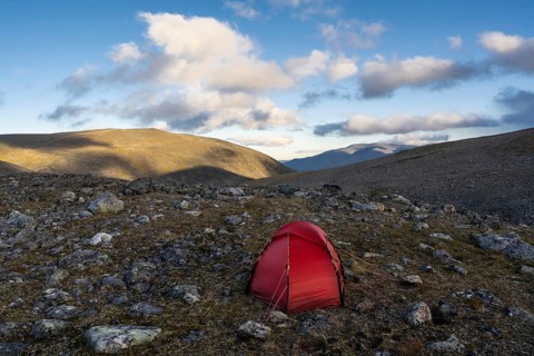 Tent in mountain landscape, Sarek National Park, World Heritage Laponia, Norrbotten, Lapland,