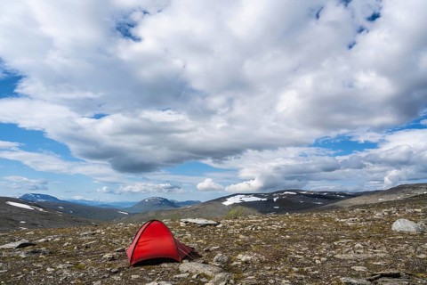 Tent in mountain landscape, Sarek National Park, World Heritage Laponia, Norrbotten, Lapland,