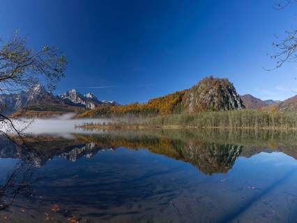 Autumn mood at lake Almsee, Grünau, Austria, Totes Gebirge, Europe