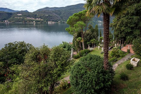 View from the Belvedere of Scherrer Park onto Lake Lugano, Lago di Lugano, Morcote, Canton Ticino,