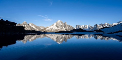 Mountain landscape in the evening light, water reflection in Lac Blanc, mountain peak, Aiguille