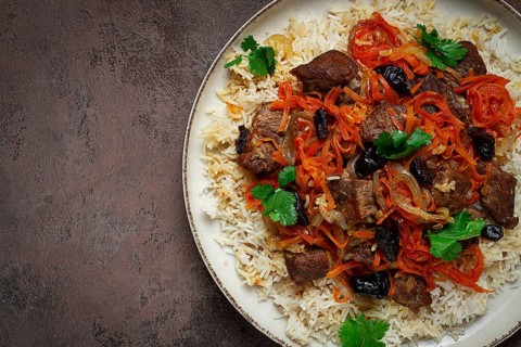 Kabuli pulao, pilaf, the national dish of Afghanistan, rice with meat, homemade, no people