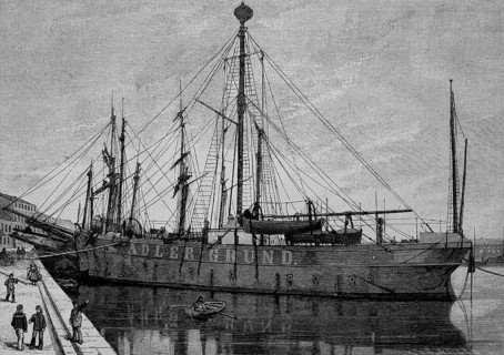 The lightship Adlergrund in the harbour of Swinemünde on the Baltic Sea, 1887, Historical, digital