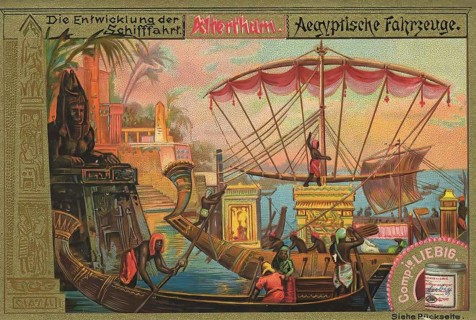 Picture series The development of navigation, Egyptian ships, Liebig picture, digitally restored