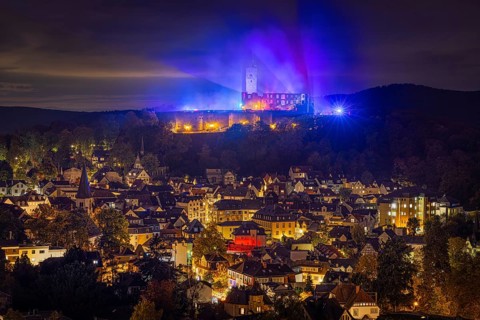 The castle in the town of Königstein im Taunus is brightly illuminated in the evening. From 18