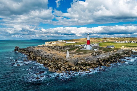 Portland Bill Lighthouse from a drone, Portland Bill, Isle of Portland, Dorset, England, United