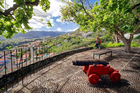 Fortress of Faial with cannons and view of the eagle rock, Penha d'Aguia, Miradouro do Fortim,