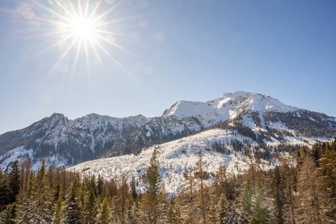 Beautiful landscape of the Mountain silhouettes of the Sexten Dolomites on a sunny winter day,