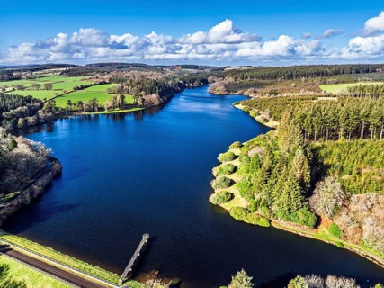 Farms and Forest over Kennick Reservoir from a drone, South West Lakes Trust, Dartmoor National
