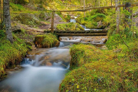 View of a wooden bridge leading over a torrent, long exposure, Dolomites, Puez-Geisler nature park