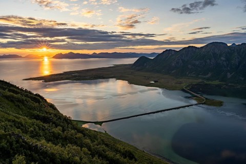 Fjord and mountains of the island Austvågøya, Grunnførfjorden, Lofoten, Norway, Europe