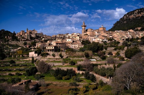 View of the mountain village of Valldemossa, Church Iglesia de la Cartuja, Real Cartuja (Royal