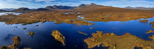 Moorland, lake, islands, morning light, sunny, autumn, road, aerial view, panorama, Lochan na