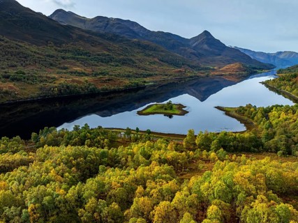 Fjord, coast, mountain landscape, reflection, island, autumn, autumn colours, aerial view, Loch