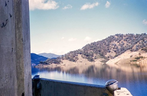 Dam and reservoir, probably Lake Eildon, Victoria, Australia 1956