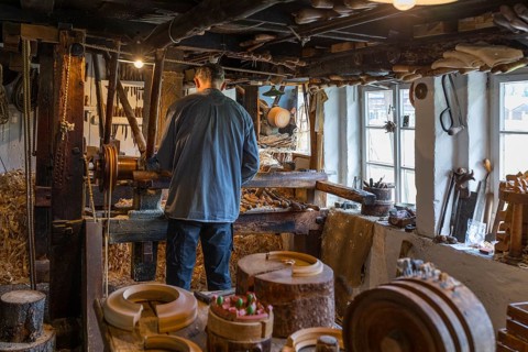 In the tyre turner's show workshop in the Seiffen Open-Air Museum, Erzgebirge, Saxony, Germany,