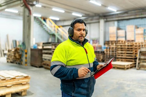 Carpenter using digital tablet working in a recycling plant full of pallets to reuse