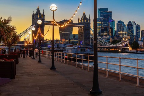 View of Tower Bridge and the London skyline from Butlers Wharf, England, Great Britain, London,