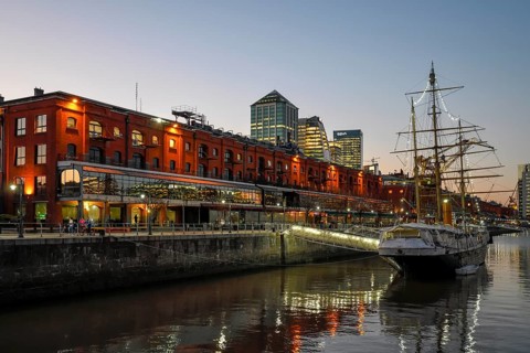 Museum ship ARA Uruguay in the harbour district of Puerto Madero in the evening, Buenos Aires,