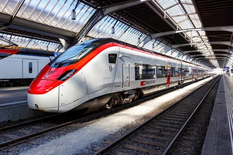 Stadler Rail Giruno passenger train operated by SBB Swiss Federal Railways at Zurich main station,