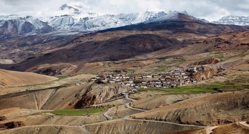 Panorama of Kibber village in Himalayas. Spiti Valley. Himachal Pradesh, India, Asia
