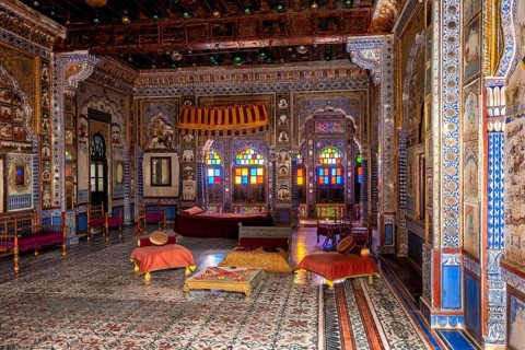 Takhat Vilas (Maharaja Takhat Singh's Chamber) decorated room in Mehrangarh fort. Jodhpur,