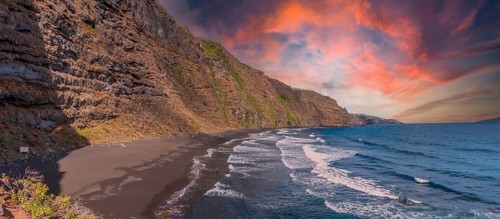 Panoramic from above of the Nogales beach in the east of the island of La Palma at sunset, Canary