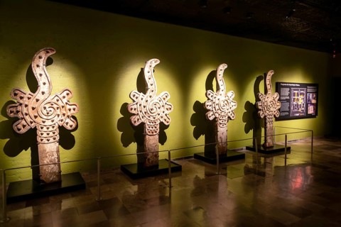Monumental decorated battlements archaeological site and museum of Templo Mayor, Mexico City,