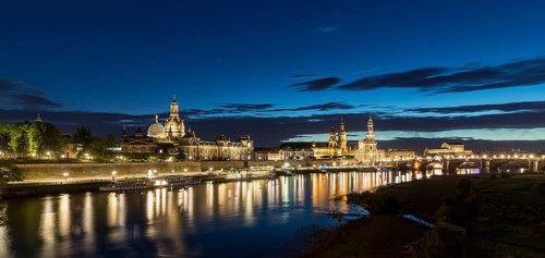 City view with Elbe in the evening, paddle steamer on the Terrassenufer, Dresden, Saxony, Germany,